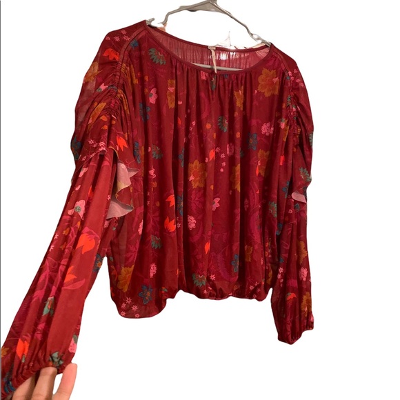FREE PEOPLE WILDFLOWER HONEY FLORAL LONG SLEEVE MESH TOP BERRY COMB - Picture 3 of 7